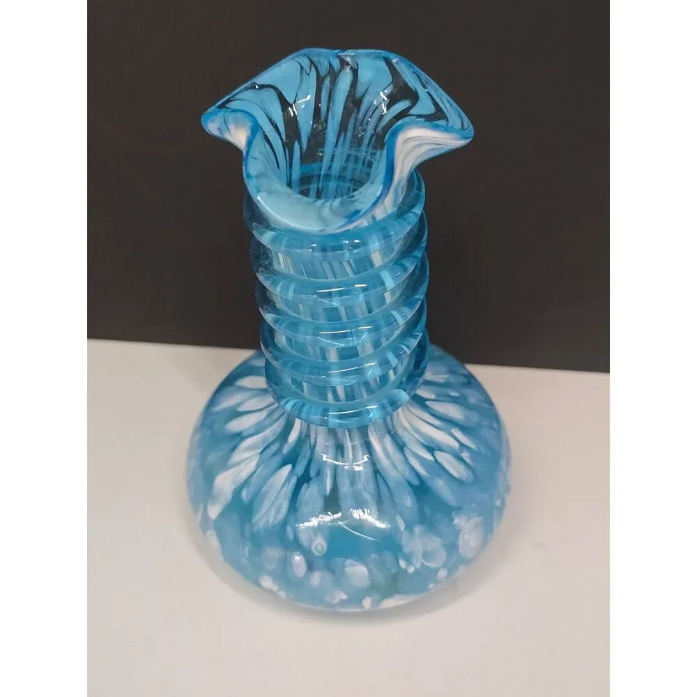 Vtg. Blue White Spatter Art Glass Bud Vase Applied Glass Wrap Hand Blown Ruffle